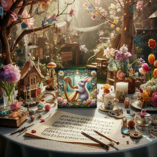 Art Nouveau Woodland Music Bunny Pasen Feestdagenkaart