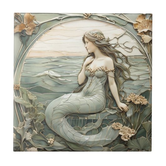 Art Nouveau Zeemeermin Faux Relief Mint Ocean Zee Tegeltje (Voorkant)