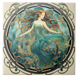Art Nouveau Zeemeermin in Turkoois en Amber Tegeltje