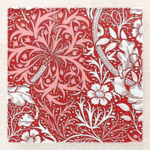 Art Nouveau Zeewier Bloem, Diep Rood en Wit Glazen Onderzetter
