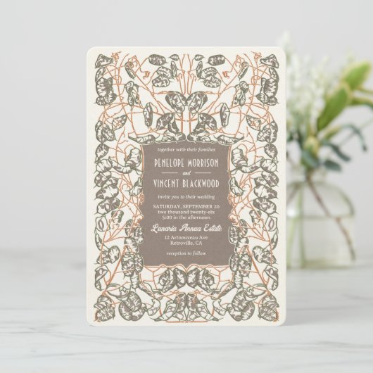 Art Nouveau Zilveren Dollar Plant bruiloft Kaart (Staand voorkant)