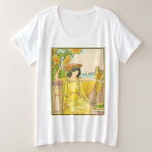 Art Nouveau Zonnebloem Vrouw Vintage Illustratie Grote Maat T-shirt