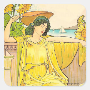 Art Nouveau Zonnebloem Vrouw Vintage Illustratie Vierkante Sticker