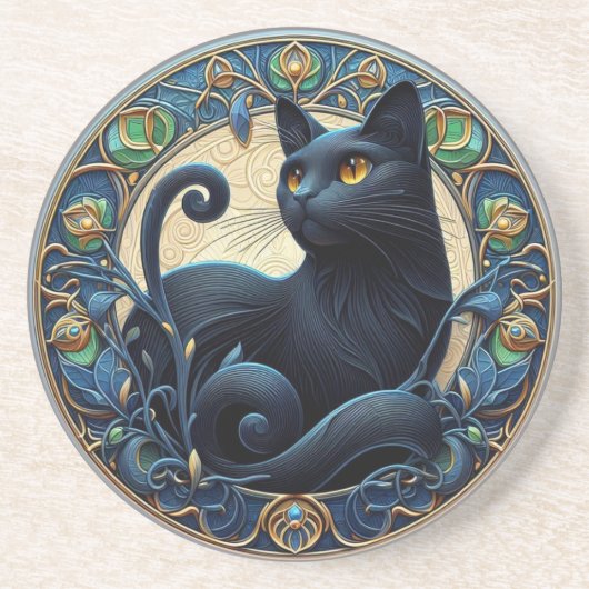 Art Nouveau Zwart Cat Stone Onderzetter (Voorkant)