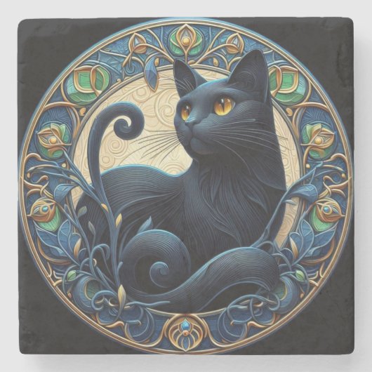 Art Nouveau Zwart Cat Stone Onderzetter (Voorkant)