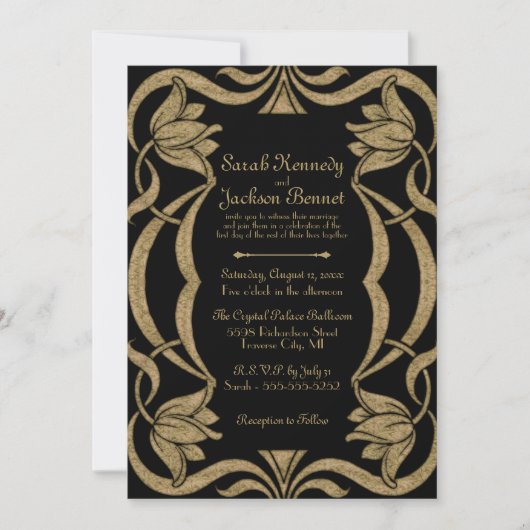  Art Nouveau Zwart en Goud Elegante bruiloft Kaart (Voorkant)