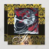 ART NOUVEAU ZWART ROOD GEEL WIT DAMAST MONOGRAAM KAART (Voorkant / Achterkant)
