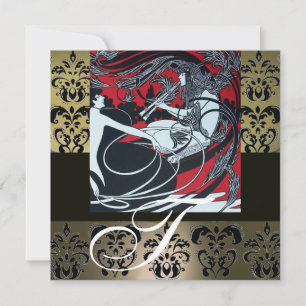 ART NOUVEAU ZWART ROOD GRIJS WIT DAMAST MONOGRAAM KAART
