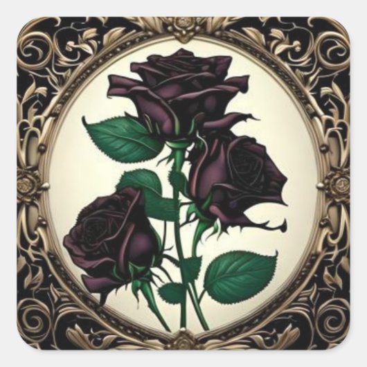 Art Nouveau Zwart Roos Botanische Kunst Vierkante Sticker (Voorkant)