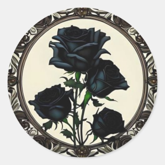 Art Nouveau Zwart Roos Floral Design Ronde Sticker (Voorkant)