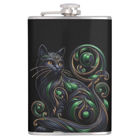 Art Nouveau Zwarte Cat Keltische Vinyl Gewikkeld K Heupfles (Voorkant)