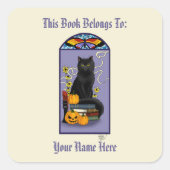 Art Nouveau Zwarte Kat Boekplaat Vierkante Sticker (Voorkant)