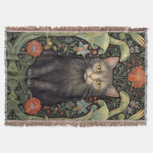 Art nouveau zwarte kat en rode bloemen deken (Voorkant)