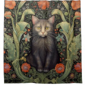 Art nouveau zwarte kat en rode bloemen douchegordijn (Voorkant)