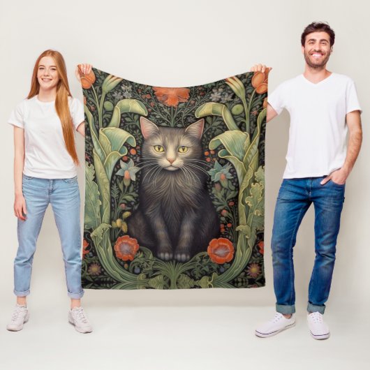 Art nouveau zwarte kat en rode bloemen fleece deken (In situ)