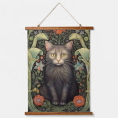 Art nouveau zwarte kat en rode bloemen hangend wandkleed (Voorkant)