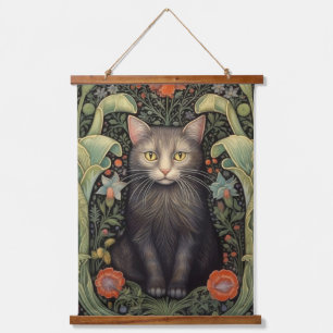 Art nouveau zwarte kat en rode bloemen hangend wandkleed