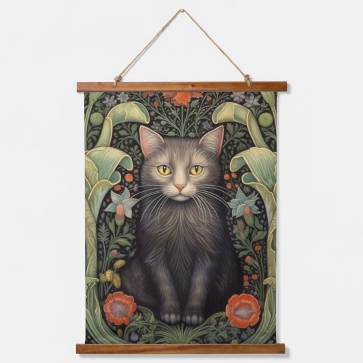 Art nouveau zwarte kat en rode bloemen hangend wandkleed (Voorkant)