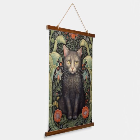 Art nouveau zwarte kat en rode bloemen hangend wandkleed (Gebogen)