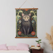 Art nouveau zwarte kat en rode bloemen hangend wandkleed (Slaapkamer)