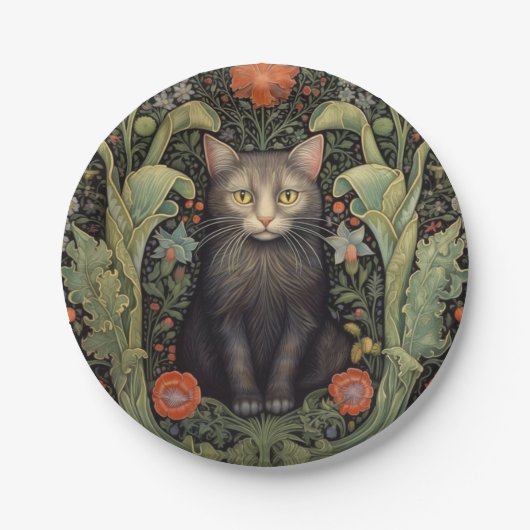 Art nouveau zwarte kat en rode bloemen papieren bordje (Voorkant)