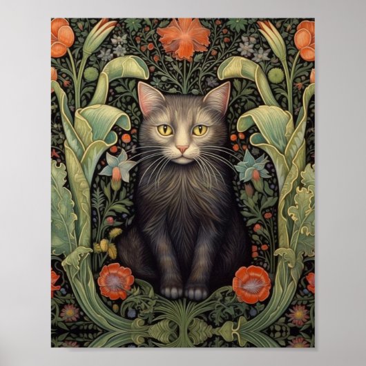 Art nouveau zwarte kat en rode bloemen poster (Voorkant)