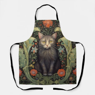 Art nouveau zwarte kat en rode bloemen schort