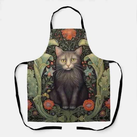 Art nouveau zwarte kat en rode bloemen schort (Voorkant)