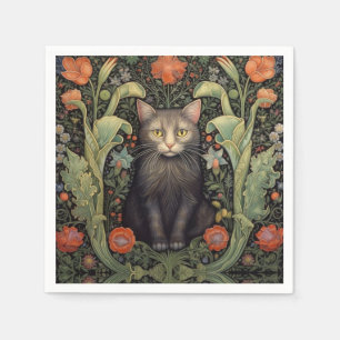 Art nouveau zwarte kat en rode bloemen servet