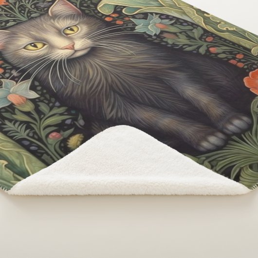Art nouveau zwarte kat en rode bloemen sherpa deken (3/4)