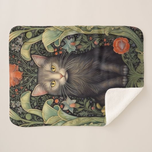 Art nouveau zwarte kat en rode bloemen sherpa deken (Voorkant (horizontaal))