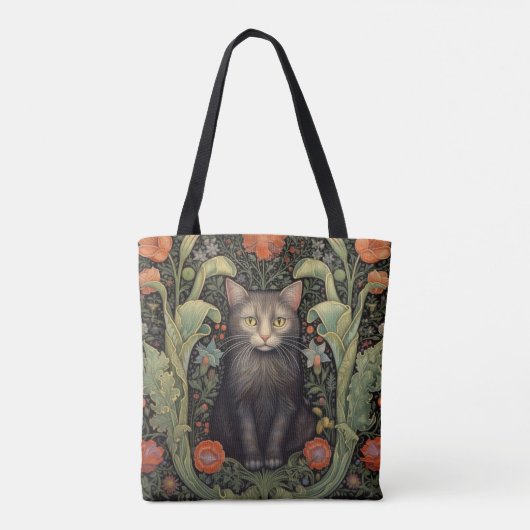 Art nouveau zwarte kat en rode bloemen tote bag (Achterkant)