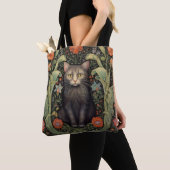 Art nouveau zwarte kat en rode bloemen tote bag (Dichtbij)