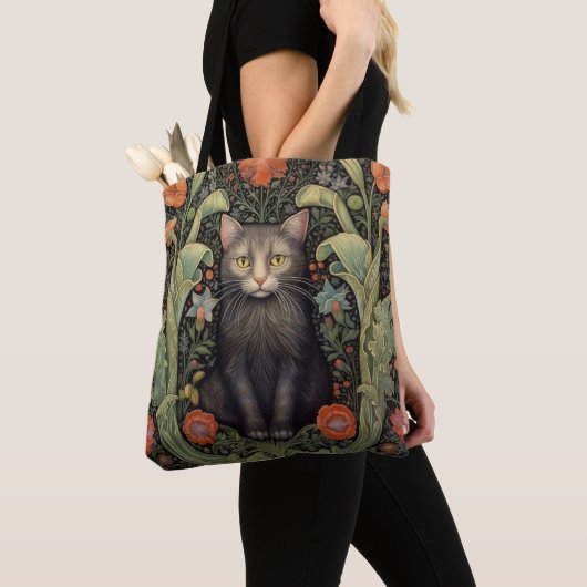 Art nouveau zwarte kat en rode bloemen tote bag (Dichtbij)