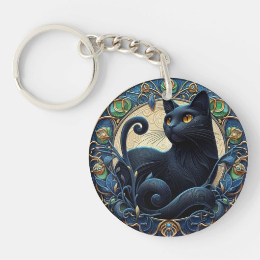Art Nouveau Zwarte Kat Keltisch Sleutelhanger (Voorkant)