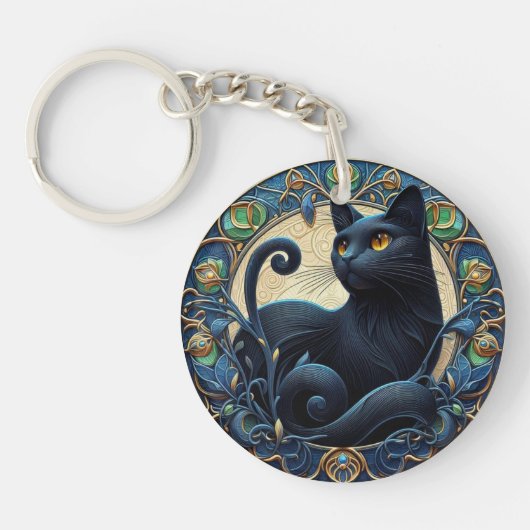 Art Nouveau Zwarte Kat Keltisch Sleutelhanger (Voorkant)