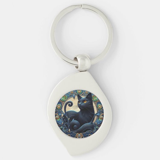 Art Nouveau Zwarte Kat Keltisch Sleutelhanger (Voorkant)