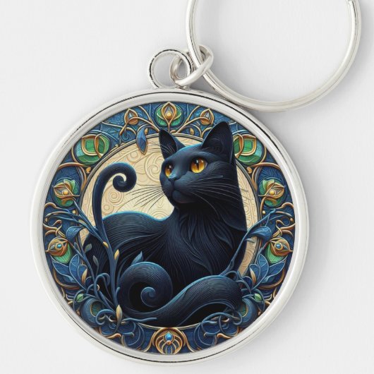 Art Nouveau Zwarte Kat Keltisch Sleutelhanger (Voorkant)
