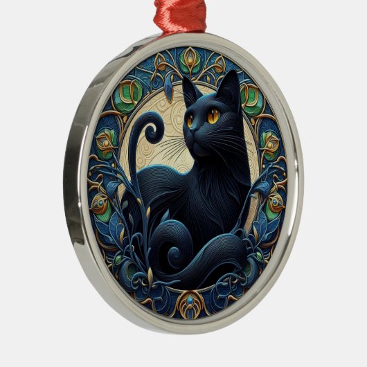 Art Nouveau Zwarte Kat Kerstversiering Metalen Ornament (Rechts)