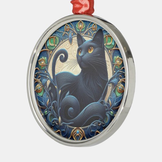 Art Nouveau Zwarte Kat Kerstversiering Metalen Ornament (Links)