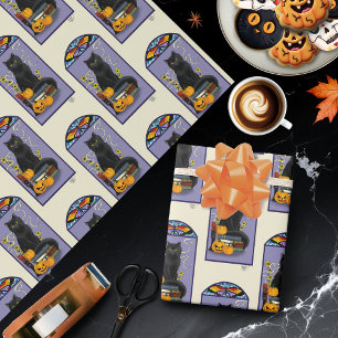 Art Nouveau Zwarte Kat Pompoen Paars Herfst Geel Cadeaupapier