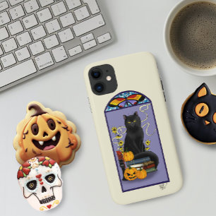 Art Nouveau Zwarte Kat Pompoen Paars Herfst Geel Case-Mate iPhone Case