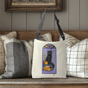 Art Nouveau Zwarte Kat Pompoen Paars Herfst Geel Crossbody Tas