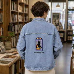 Art Nouveau Zwarte Kat Pompoen Paars Herfst Geel Denim Jacket