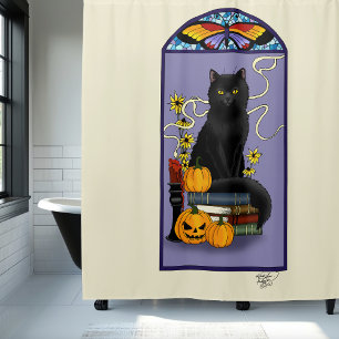 Art Nouveau Zwarte Kat Pompoen Paars Herfst Geel Douchegordijn
