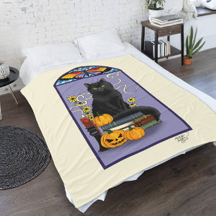 Art Nouveau Zwarte Kat Pompoen Paars Herfst Geel Fleece Deken