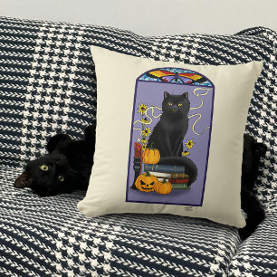 Art Nouveau Zwarte Kat Pompoen Paars Herfst Geel Kussen