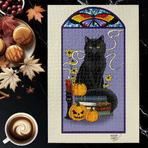 Art Nouveau Zwarte Kat Pompoen Paars Herfst Geel Legpuzzel