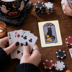 Art Nouveau Zwarte Kat Pompoen Paars Herfst Geel Pokerkaarten