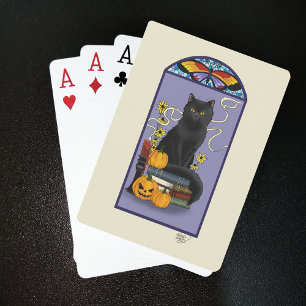 Art Nouveau Zwarte Kat Pompoen Paars Herfst Geel Pokerkaarten